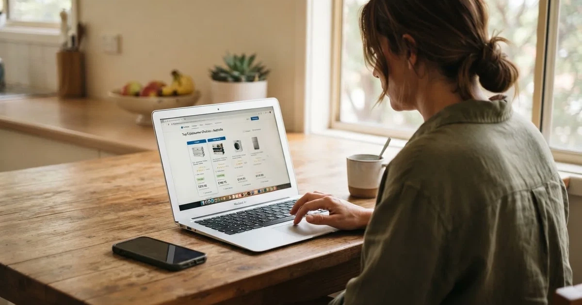 A person at a kitchen table scrolling through review pages on a laptop, phone face-down beside them.