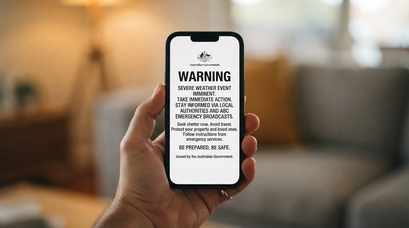A smartphone screen showing a plain government warning notice about a blocked website, held against a blurred background.