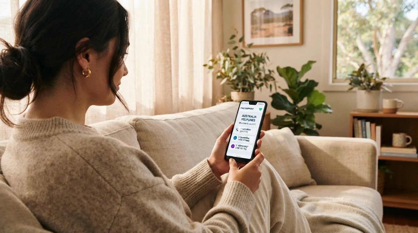 A person sitting calmly with a phone open to a support helpline page, no gaming screen visible.