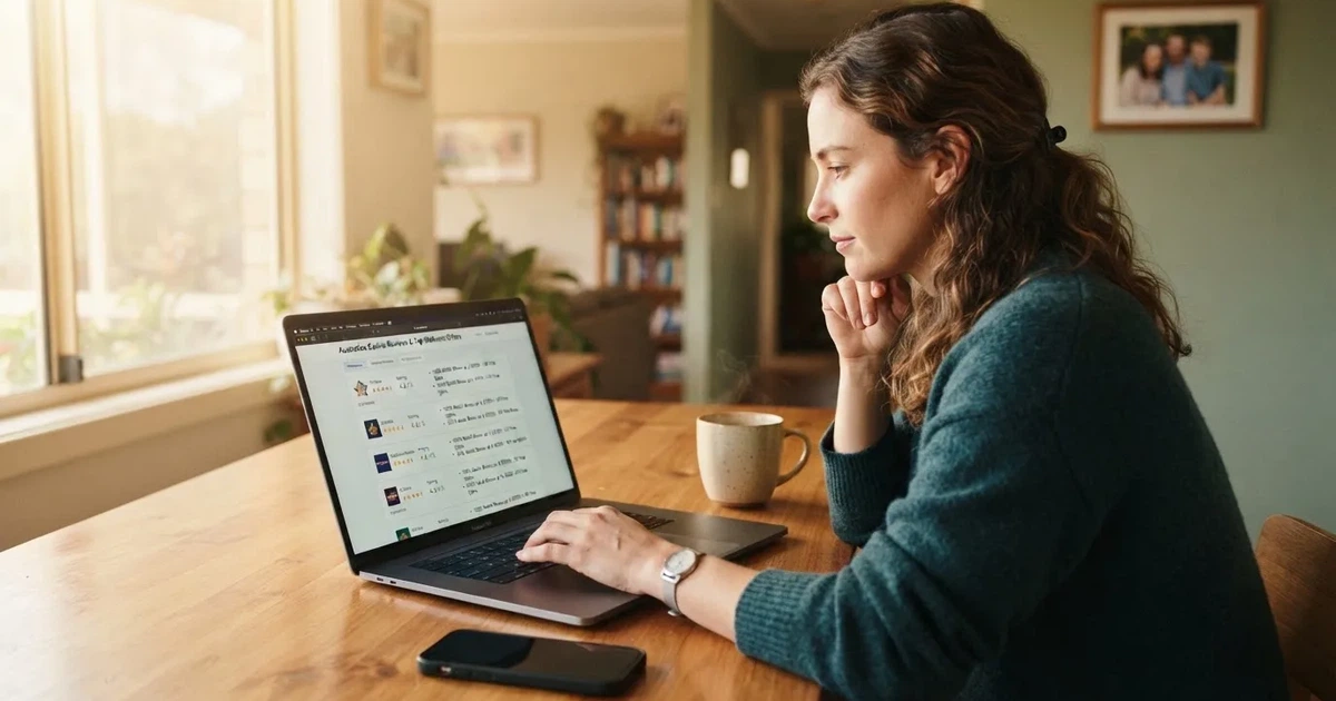 A person at a kitchen table scrolling through review pages on a laptop, phone face-down beside them.