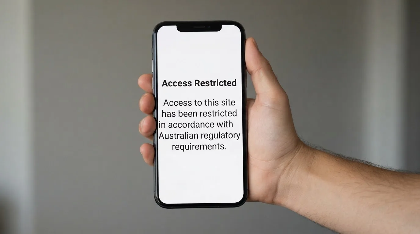 A smartphone screen showing a plain government warning notice about a blocked website, held against a blurred background.