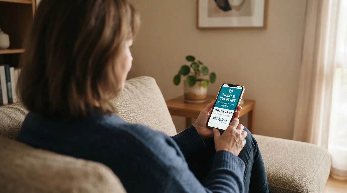 A person sitting calmly with a phone open to a support helpline page, no gaming screen visible.
