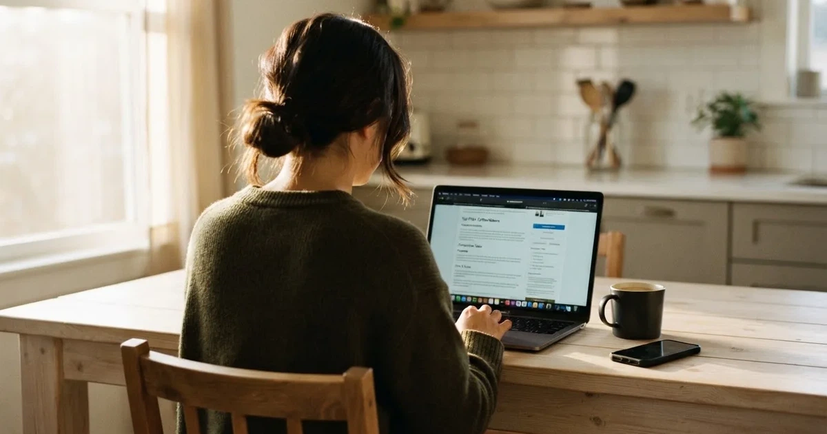 A person at a kitchen table scrolling through review pages on a laptop, phone face-down beside them.
