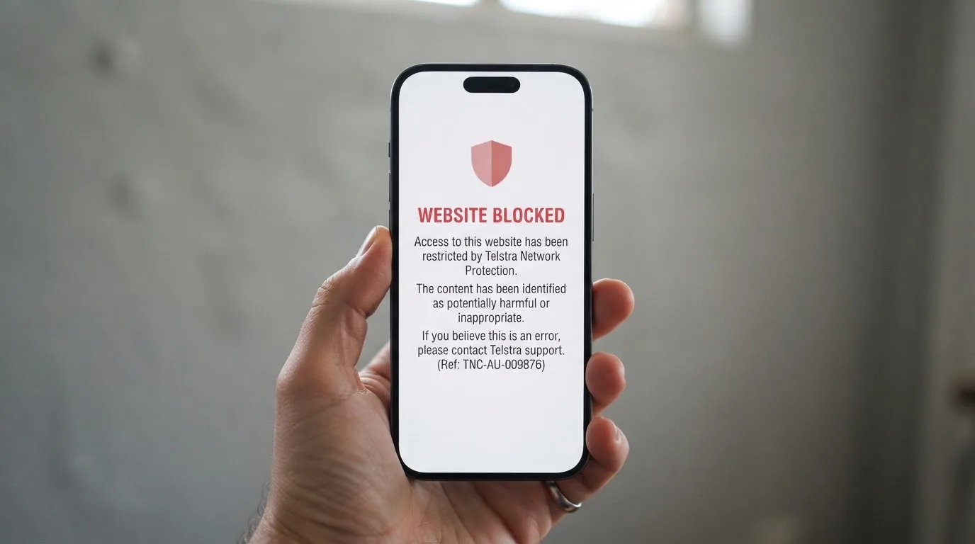 A smartphone screen showing a plain government warning notice about a blocked website, held against a blurred background.