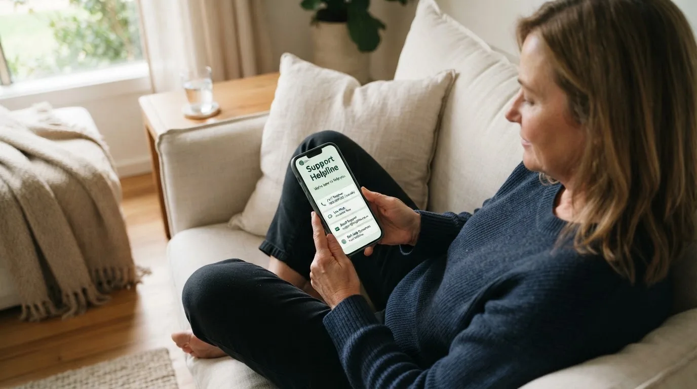 A person sitting calmly with a phone open to a support helpline page, no gaming screen visible.