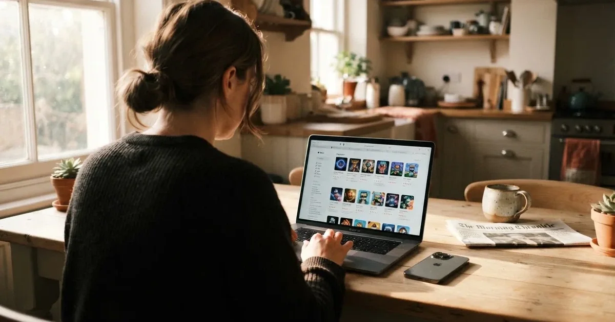 A person at a kitchen table scrolling through review pages on a laptop, phone face-down beside them.