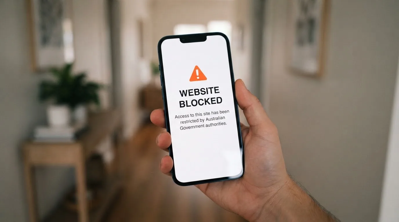 A smartphone screen showing a plain government warning notice about a blocked website, held against a blurred background.