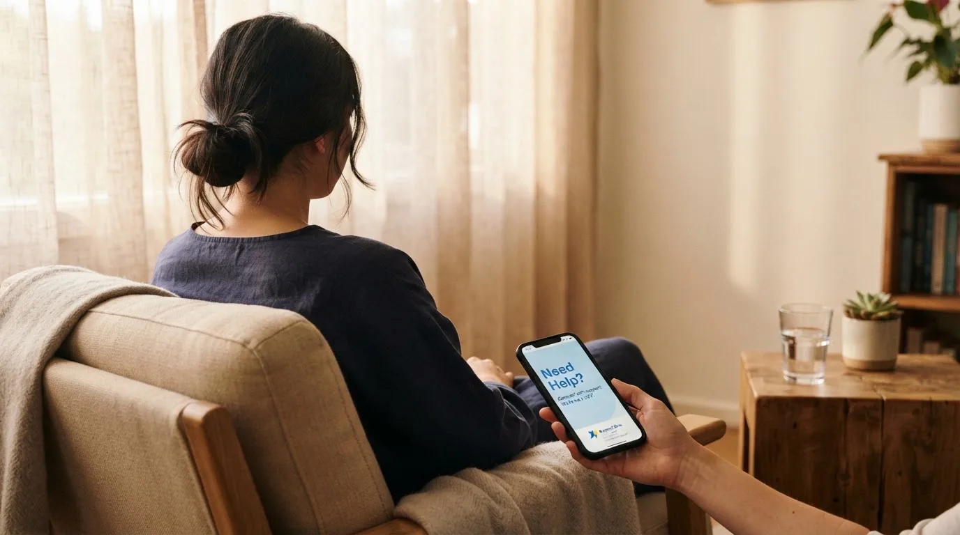 A person sitting calmly with a phone open to a support helpline page, no gaming screen visible.