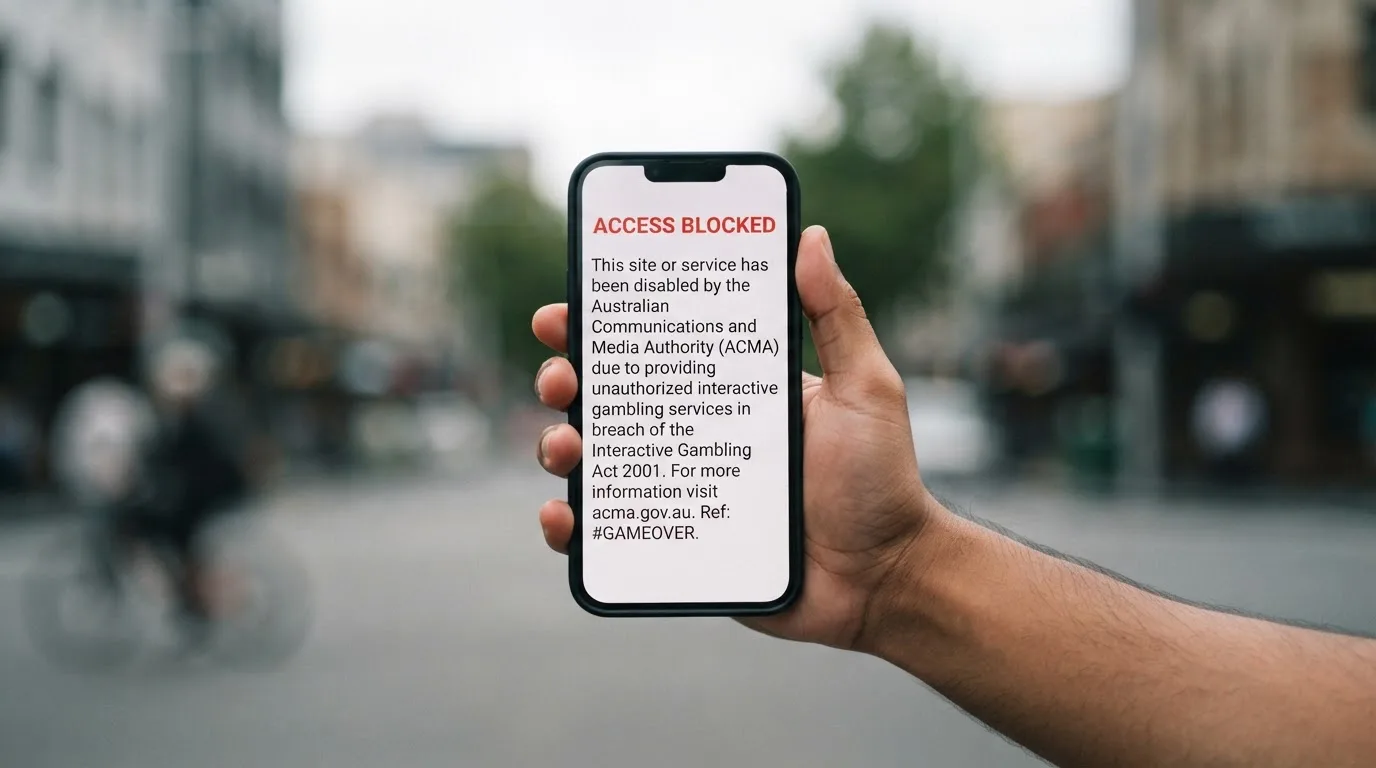 A smartphone screen showing a plain government warning notice about a blocked website, held against a blurred background.