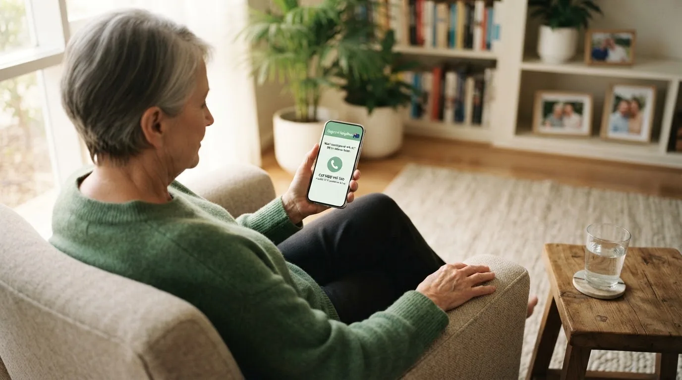 A person sitting calmly with a phone open to a support helpline page, no gaming screen visible.