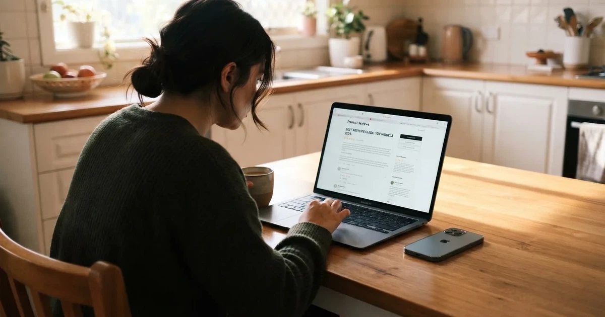 A person at a kitchen table scrolling through review pages on a laptop, phone face-down beside them.