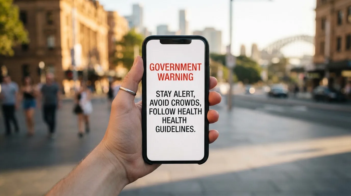 A smartphone screen showing a plain government warning notice about a blocked website, held against a blurred background.