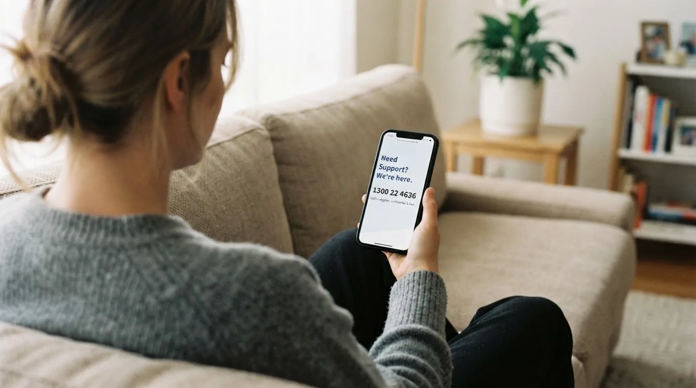 A person sitting calmly with a phone open to a support helpline page, no gaming screen visible.