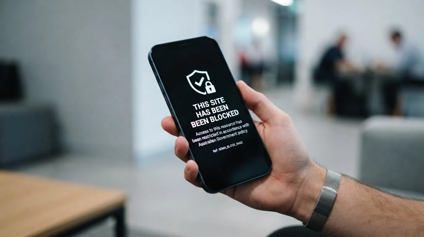 A smartphone screen showing a plain government warning notice about a blocked website, held against a blurred background.
