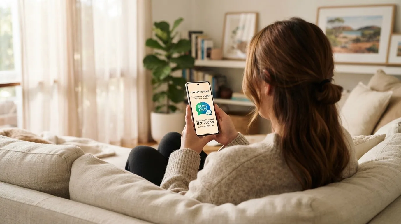 A person sitting calmly with a phone open to a support helpline page, no gaming screen visible.