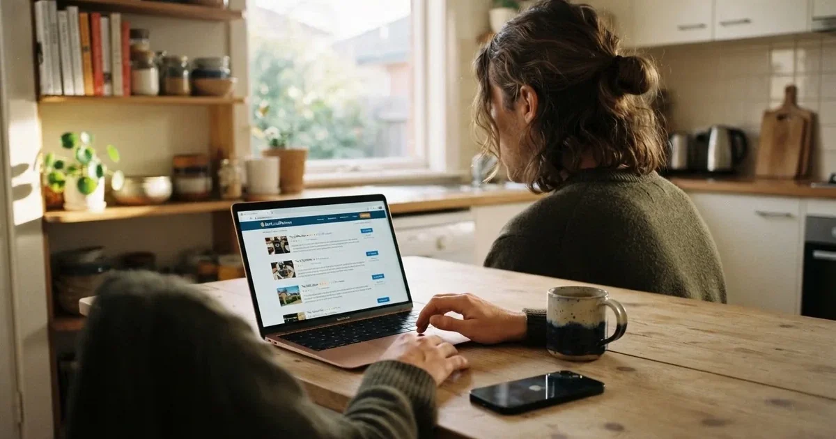 A person at a kitchen table scrolling through review pages on a laptop, phone face-down beside them.