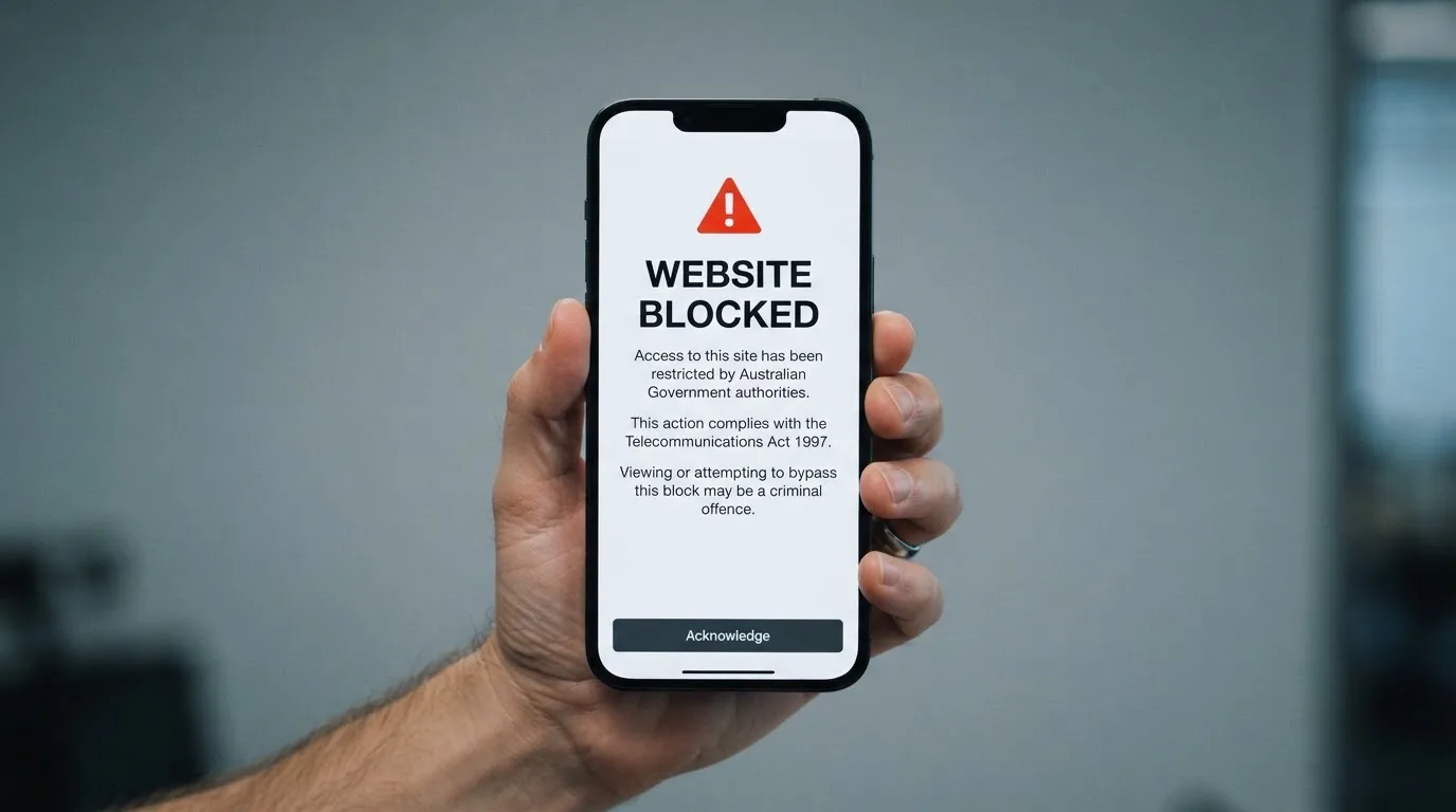 A smartphone screen showing a plain government warning notice about a blocked website, held against a blurred background.
