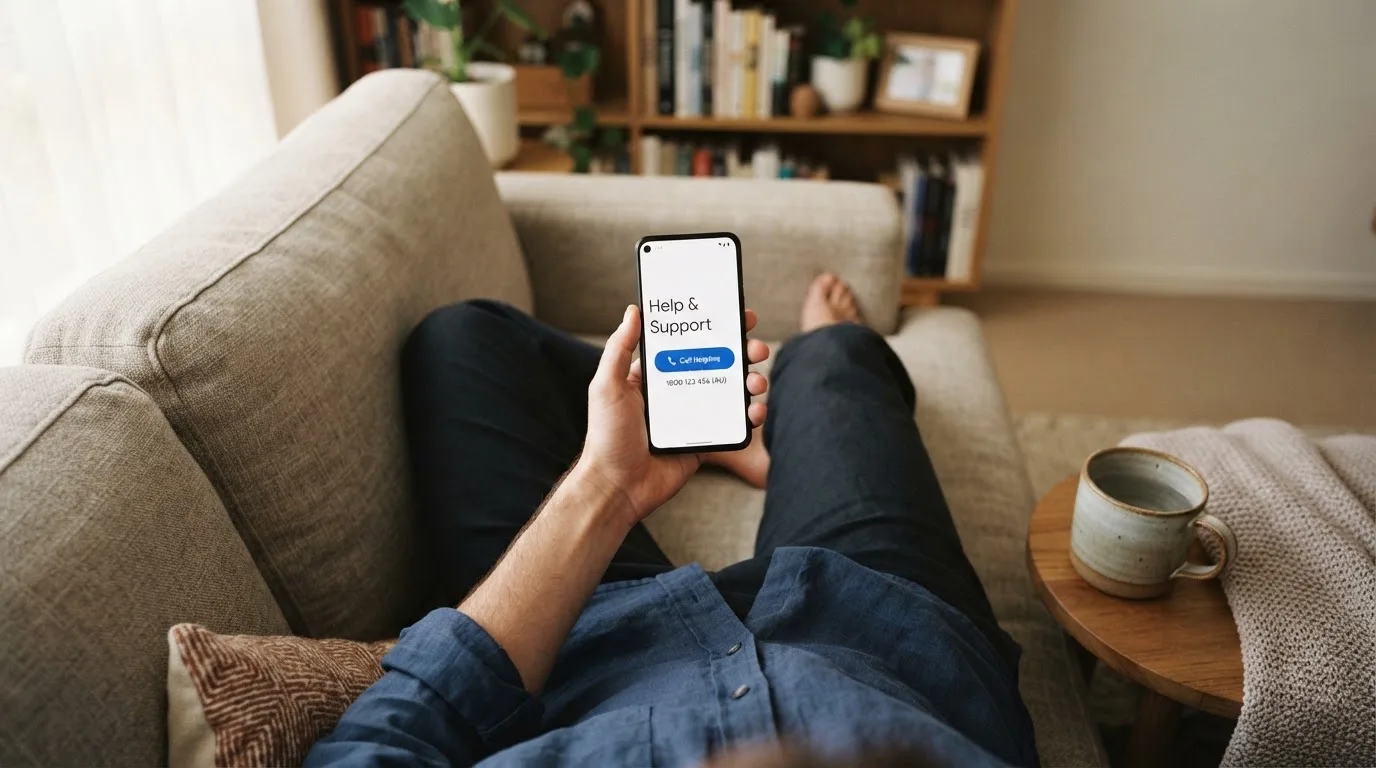 A person sitting calmly with a phone open to a support helpline page, no gaming screen visible.
