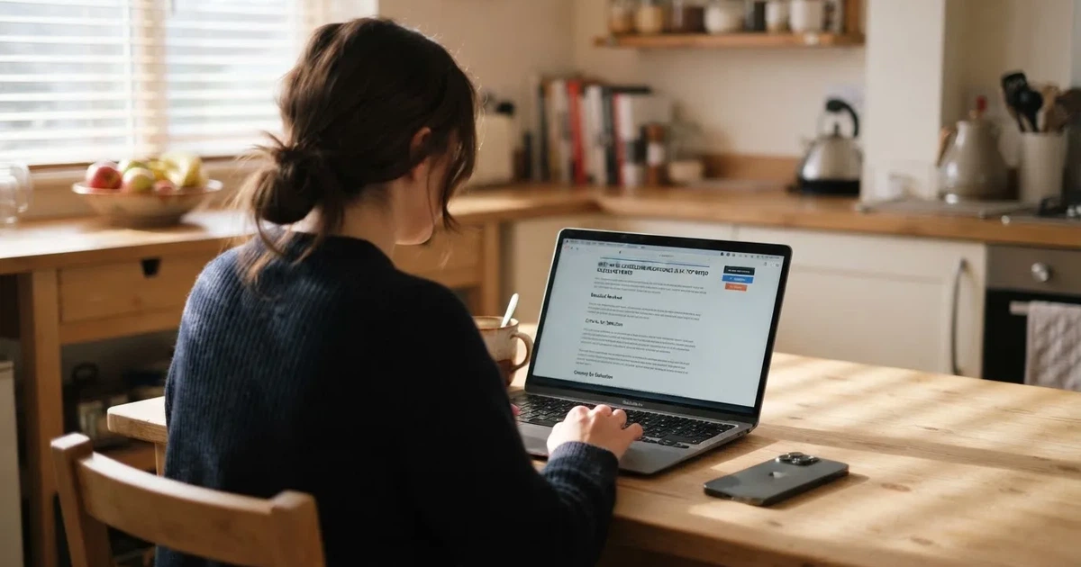 A person at a kitchen table scrolling through review pages on a laptop, phone face-down beside them.