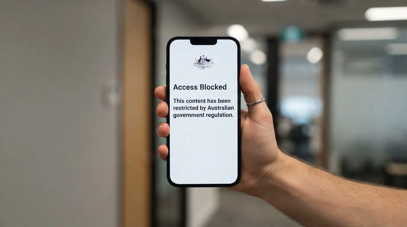 A smartphone screen showing a plain government warning notice about a blocked website, held against a blurred background.