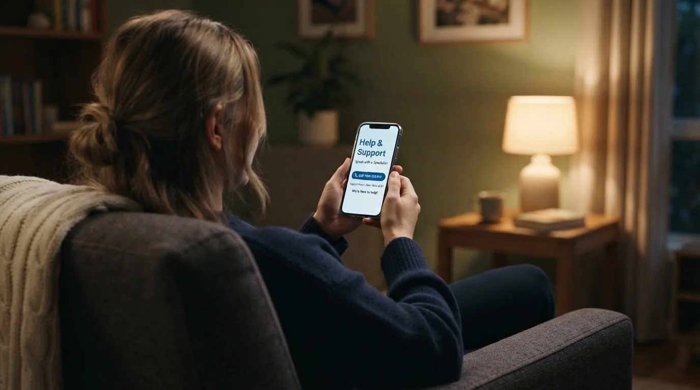 A person sitting calmly with a phone open to a support helpline page, no gaming screen visible.