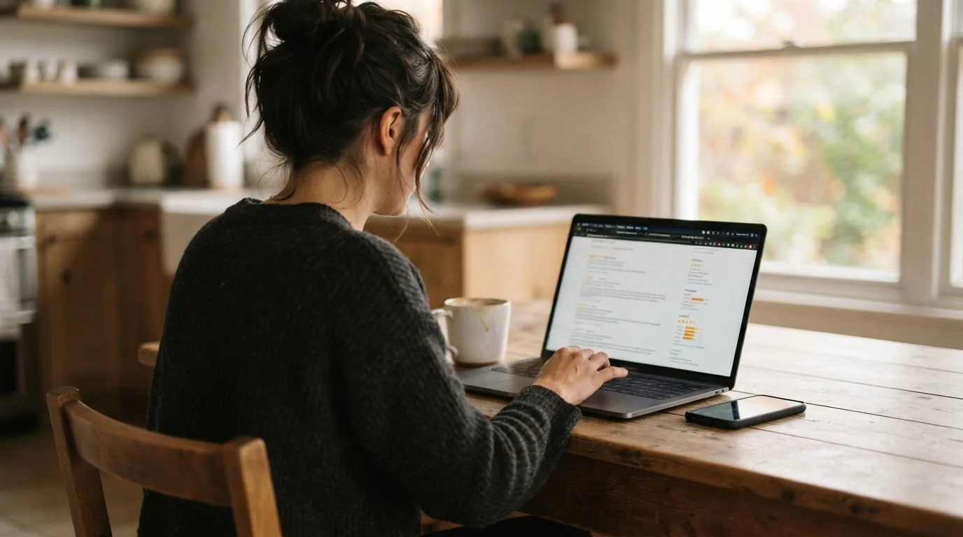 A person at a kitchen table scrolling through review pages on a laptop, phone face-down beside them.