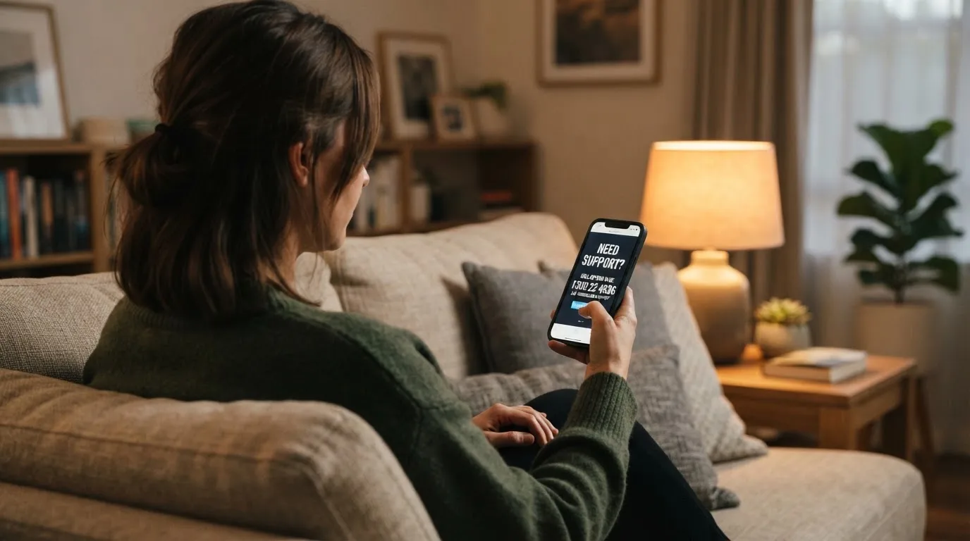 A person sitting calmly with a phone open to a support helpline page, no gaming screen visible.