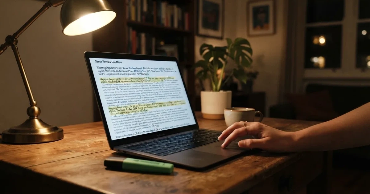 A laptop screen showing a page of terms and conditions text with a highlighter resting nearby.
