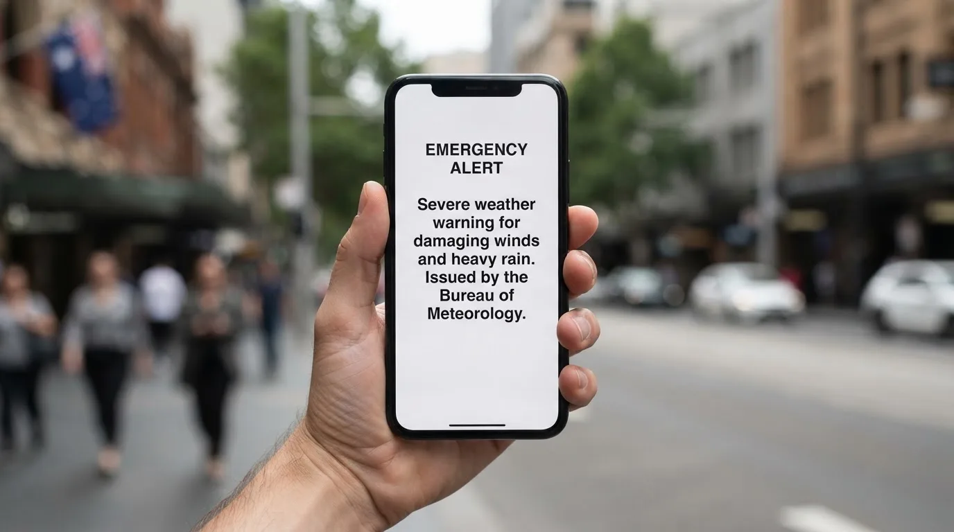 A smartphone screen showing a plain government warning notice about a blocked website, held against a blurred background.