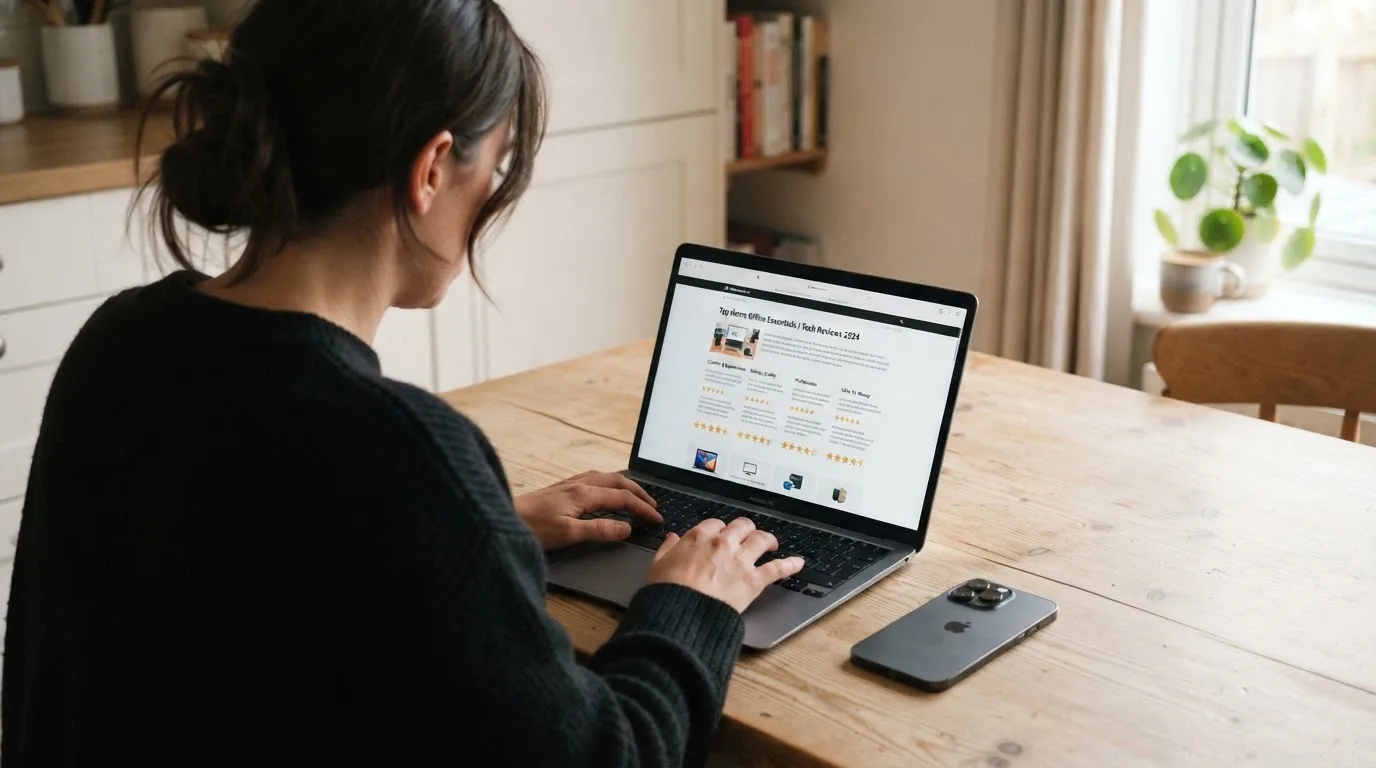 A person at a kitchen table scrolling through review pages on a laptop, phone face-down beside them.