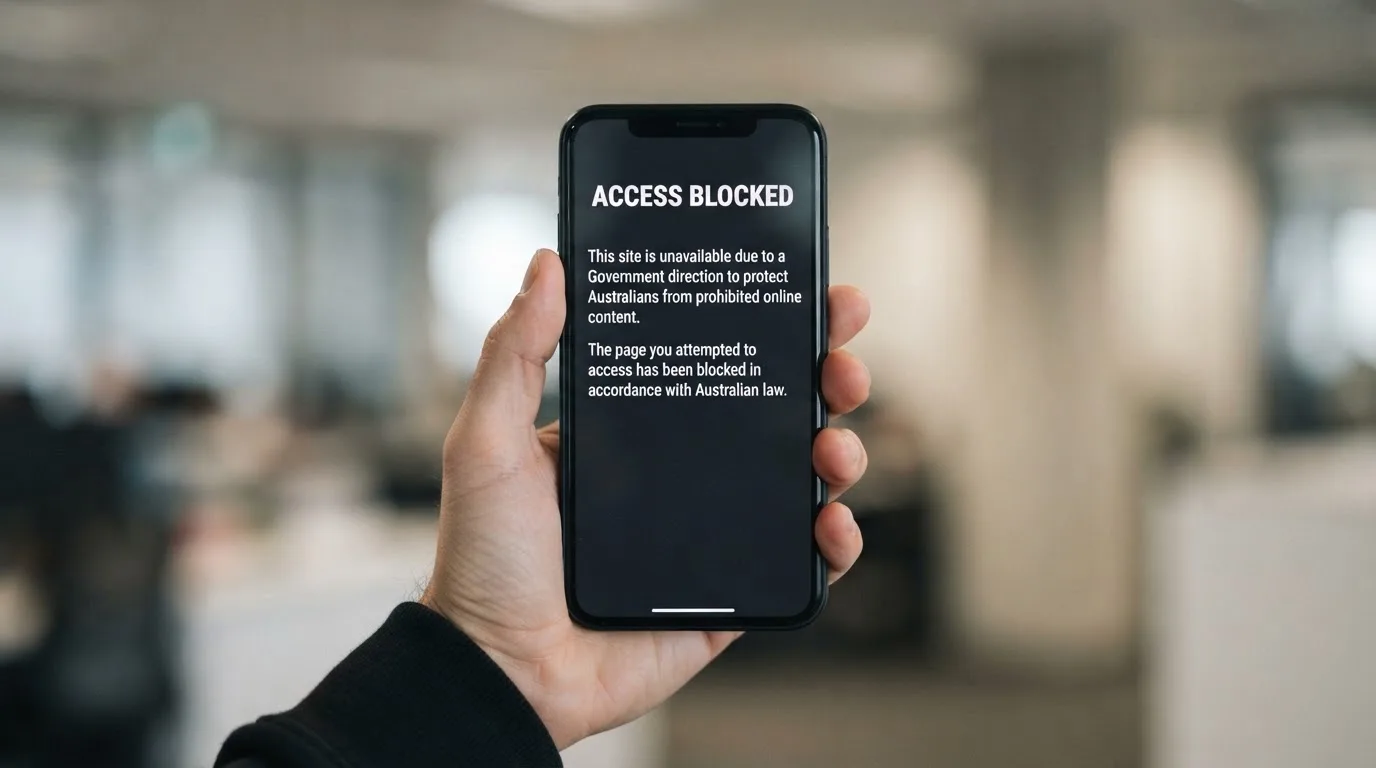 A smartphone screen showing a plain government warning notice about a blocked website, held against a blurred background.