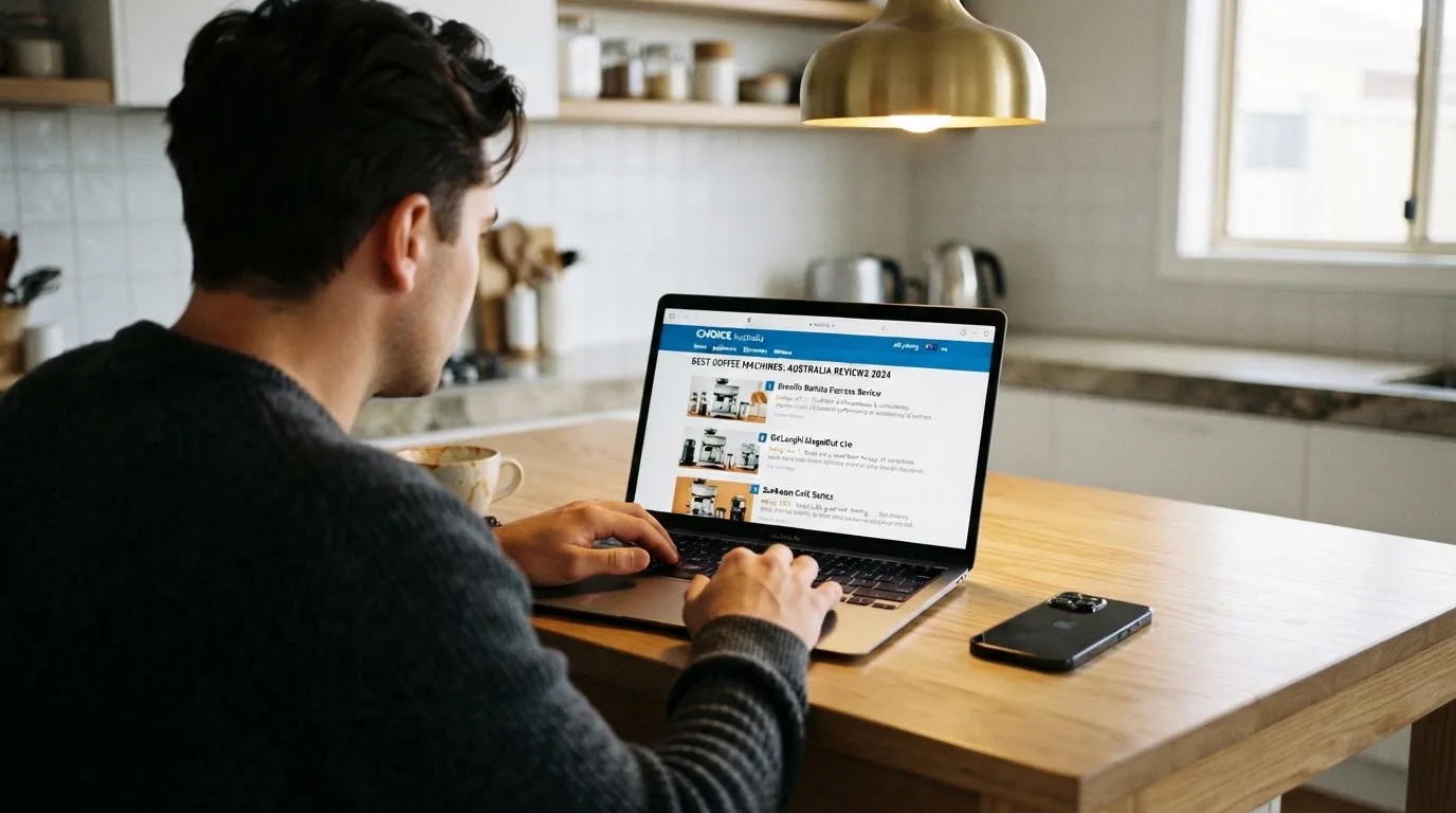 A person at a kitchen table scrolling through review pages on a laptop, phone face-down beside them.