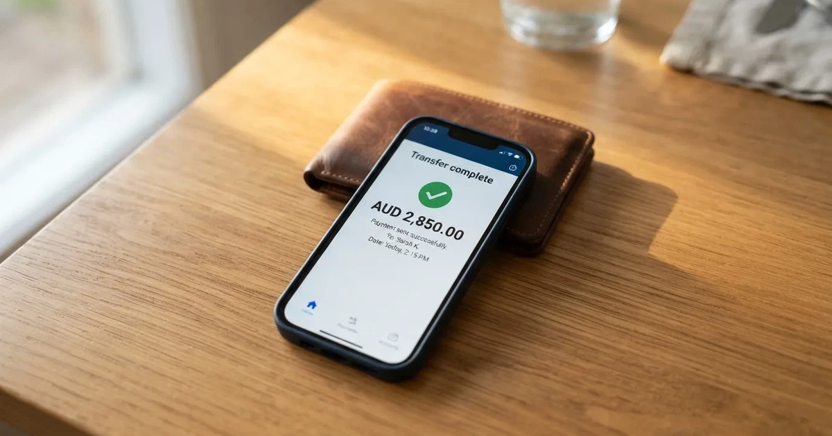 A phone screen showing a bank transfer confirmation, held next to a wallet on a table.