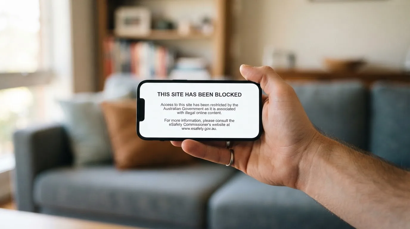 A smartphone screen showing a plain government warning notice about a blocked website, held against a blurred background.