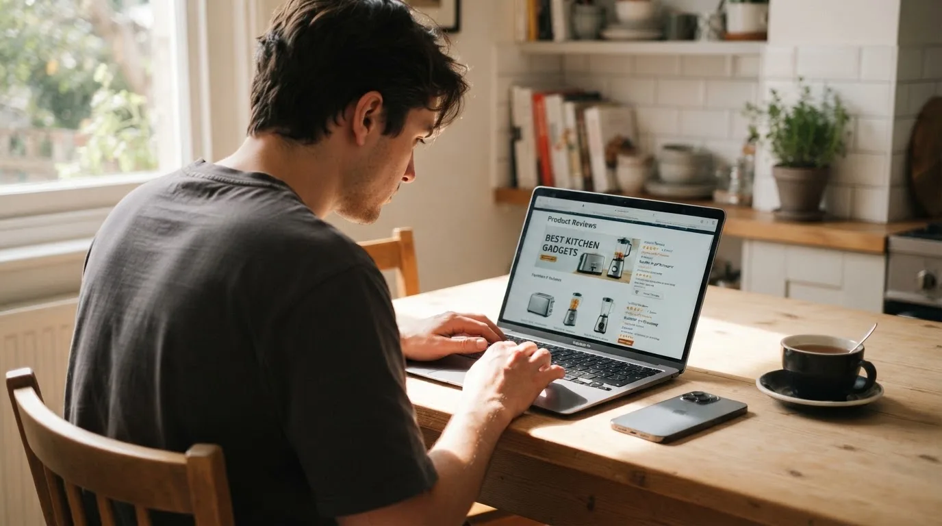 A person at a kitchen table scrolling through review pages on a laptop, phone face-down beside them.