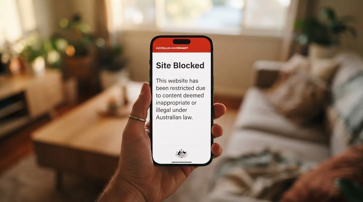 A smartphone screen showing a plain government warning notice about a blocked website, held against a blurred background.