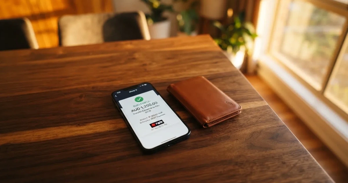 A phone screen showing a bank transfer confirmation, held next to a wallet on a table.