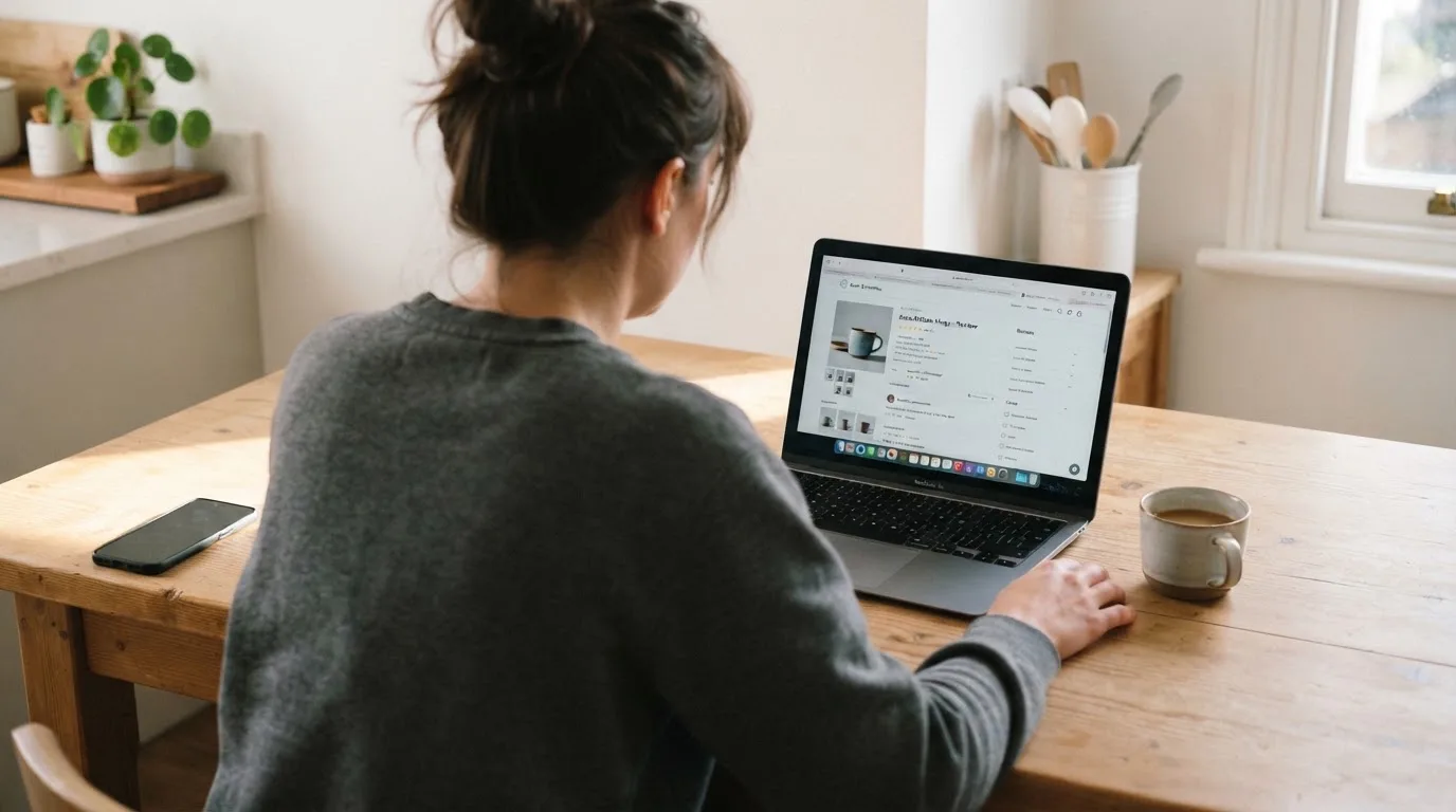 A person at a kitchen table scrolling through review pages on a laptop, phone face-down beside them.