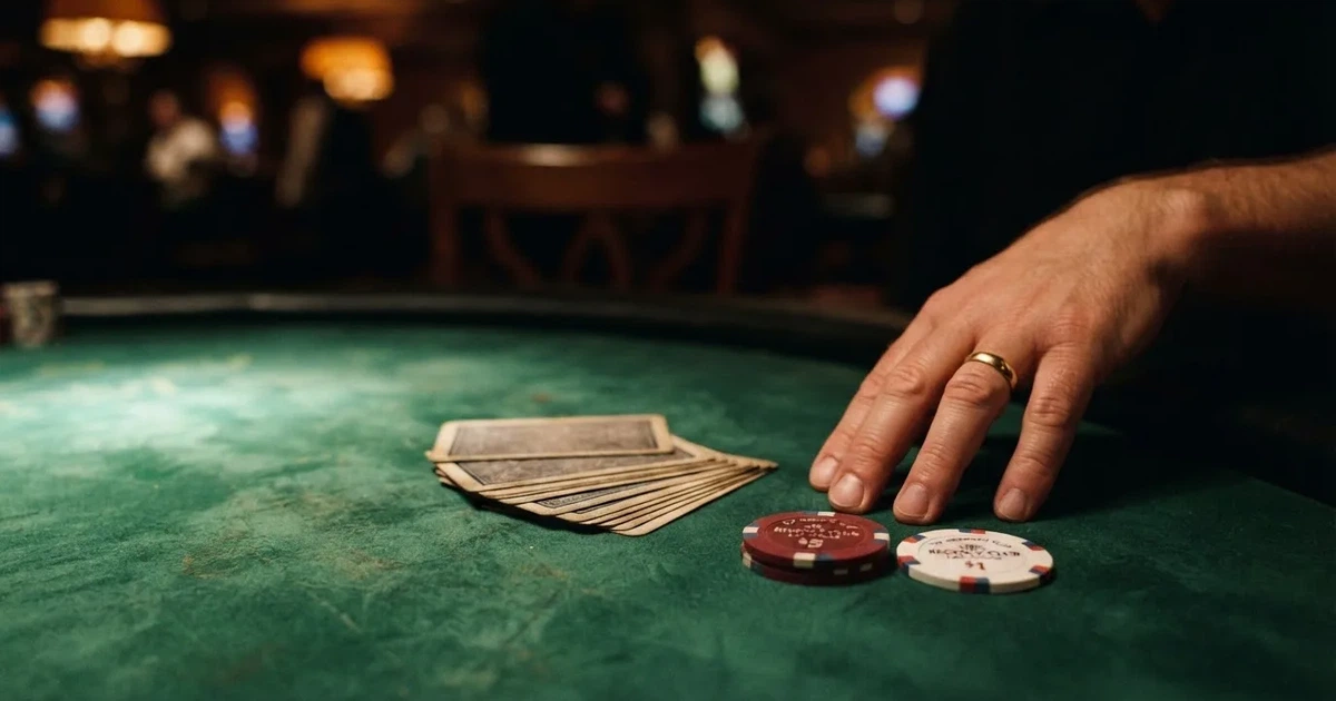 A close-up of a green felt gaming table with cards and chips mid-hand.