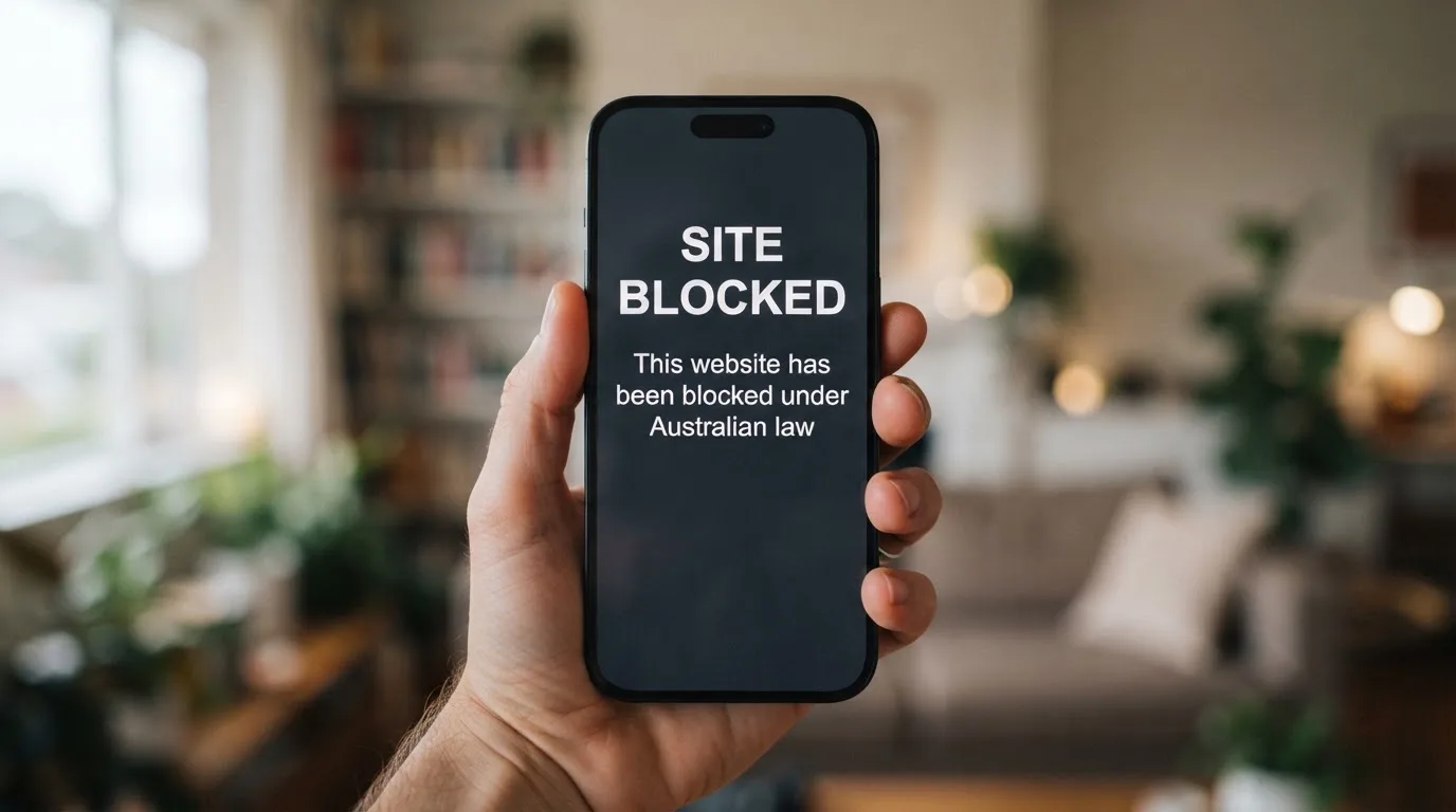 A smartphone screen showing a plain government warning notice about a blocked website, held against a blurred background.