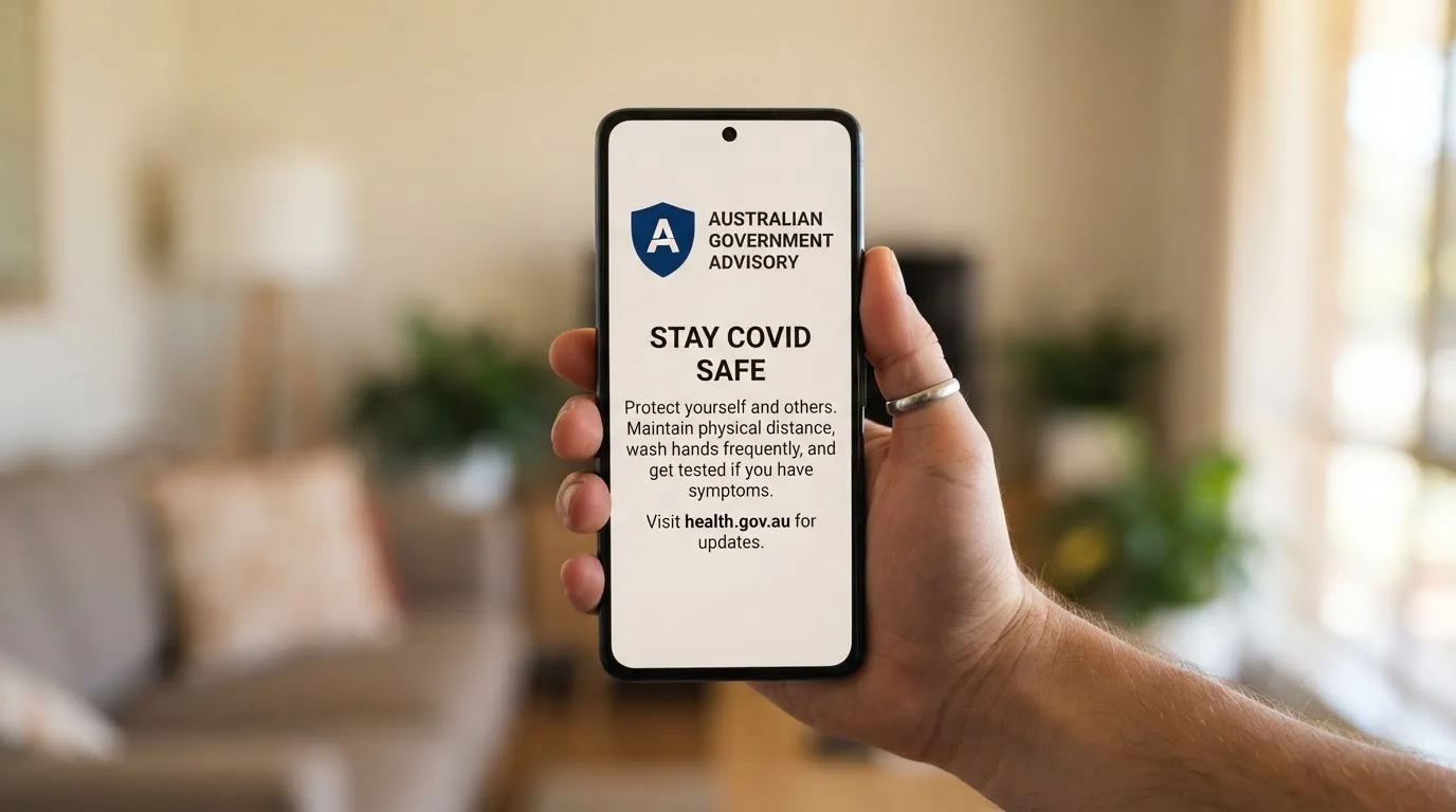 A smartphone screen showing a plain government warning notice about a blocked website, held against a blurred background.
