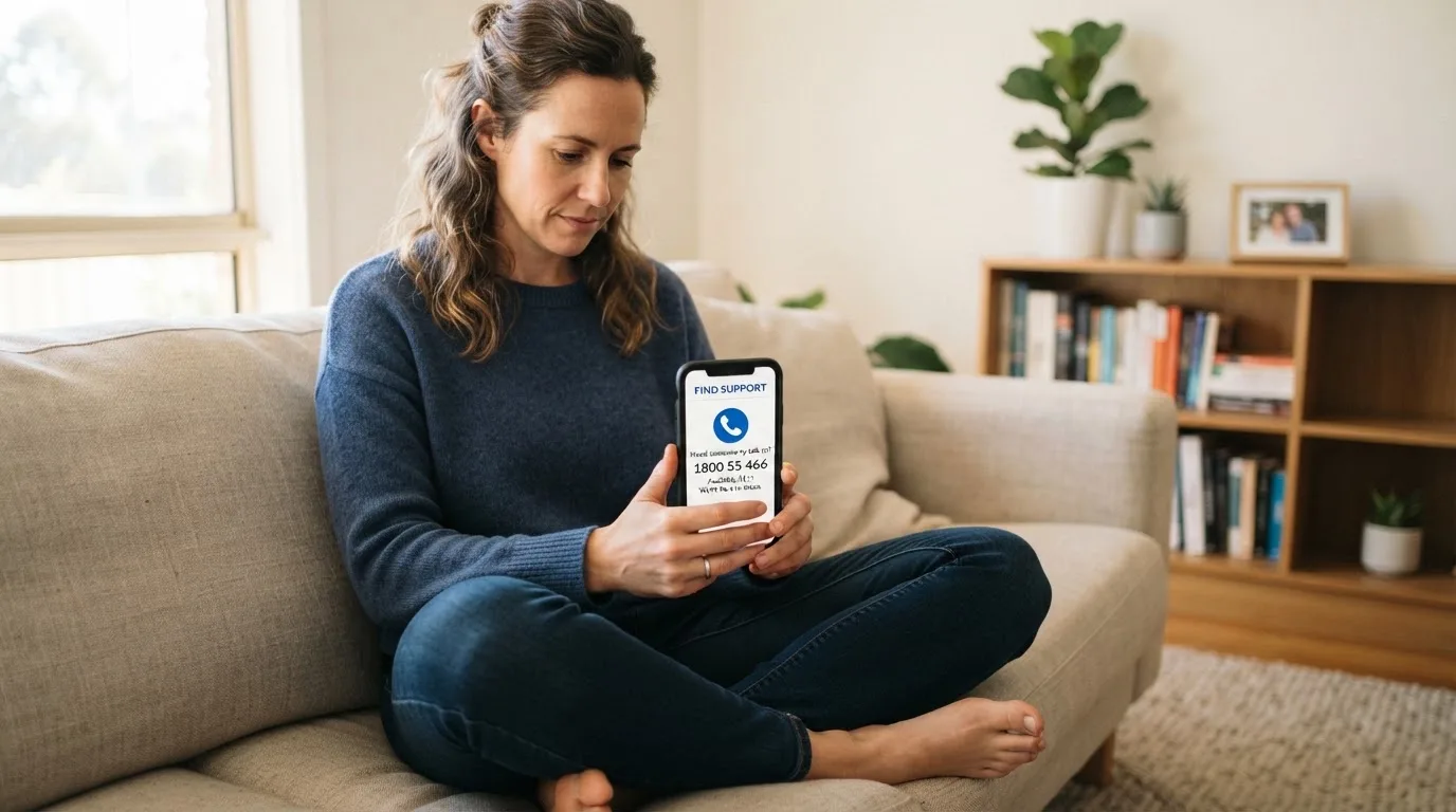 A person sitting calmly with a phone open to a support helpline page, no gaming screen visible.