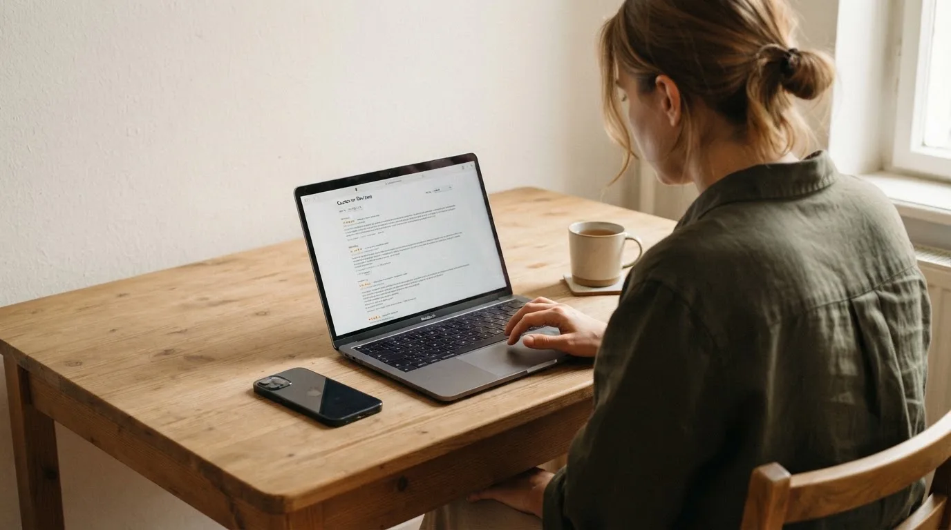 A person at a kitchen table scrolling through review pages on a laptop, phone face-down beside them.