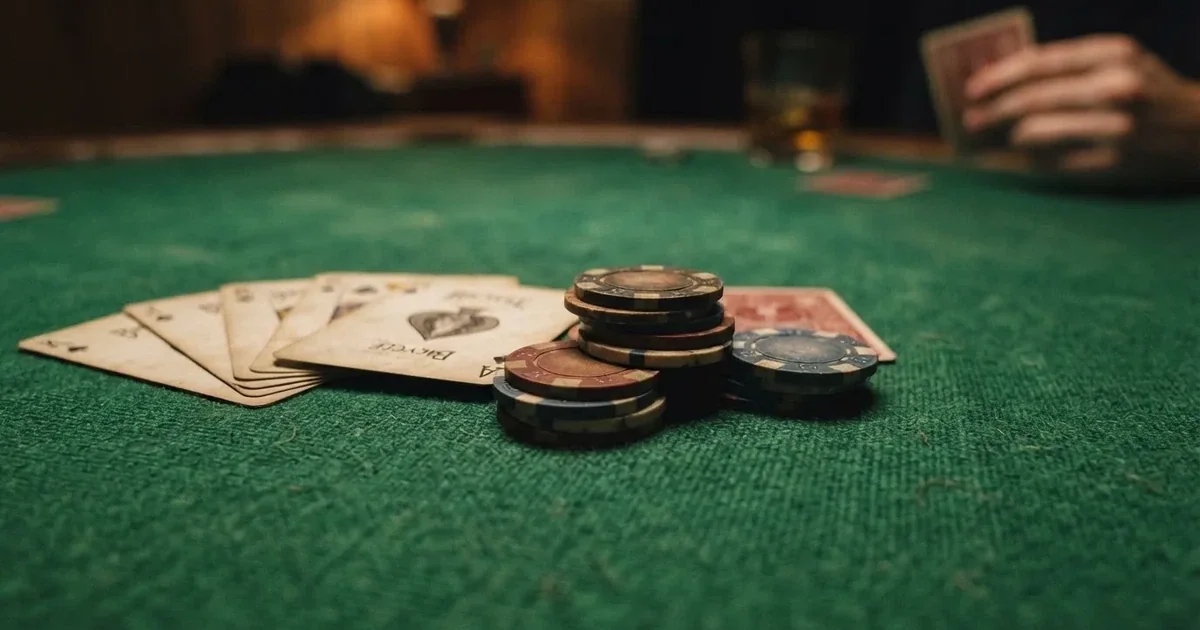 A close-up of a green felt gaming table with cards and chips mid-hand.