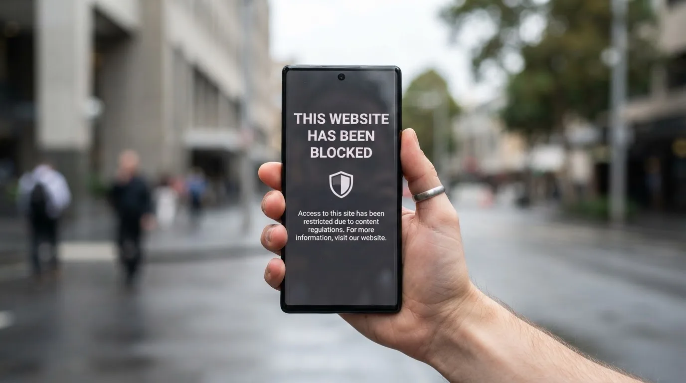 A smartphone screen showing a plain government warning notice about a blocked website, held against a blurred background.