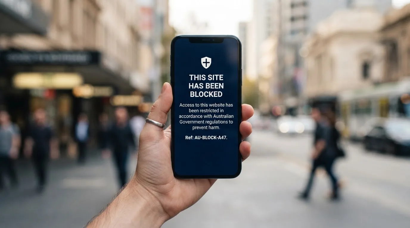 A smartphone screen showing a plain government warning notice about a blocked website, held against a blurred background.