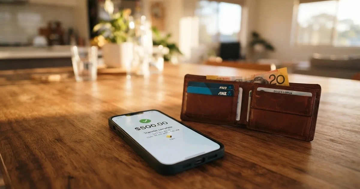 A phone screen showing a bank transfer confirmation, held next to a wallet on a table.