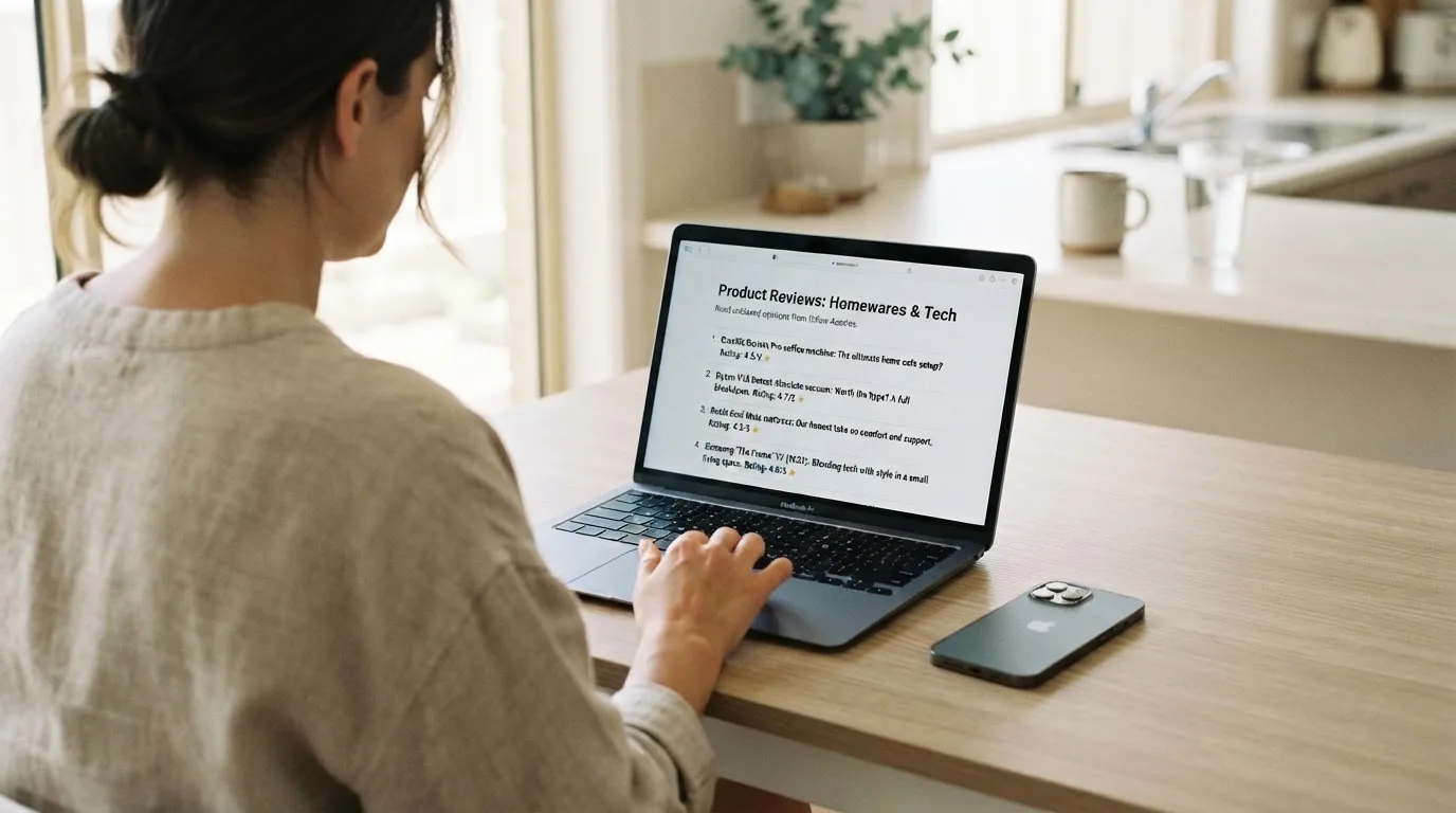 A person at a kitchen table scrolling through review pages on a laptop, phone face-down beside them.