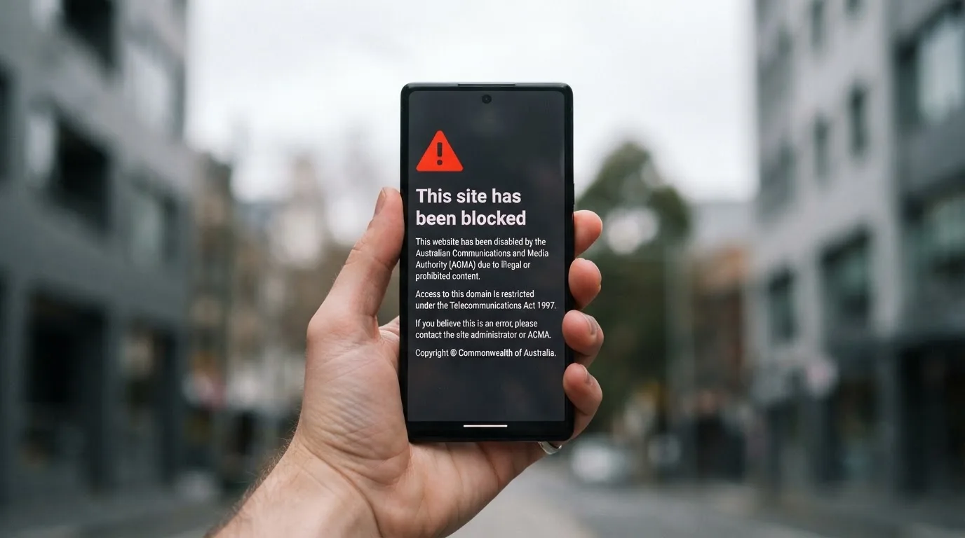 A smartphone screen showing a plain government warning notice about a blocked website, held against a blurred background.