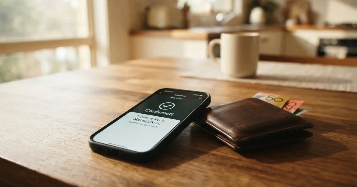 A phone screen showing a bank transfer confirmation, held next to a wallet on a table.